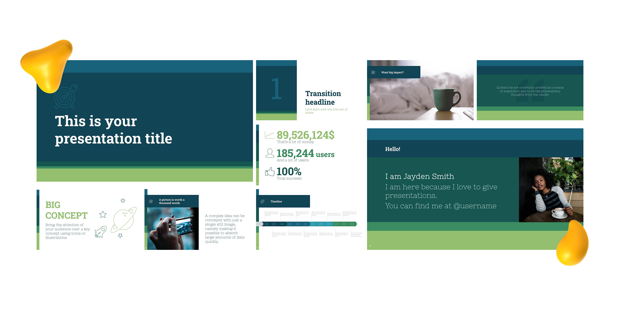 A structured Google Slides template with dark blue and green accents, bold section headers, and clear infographic elements