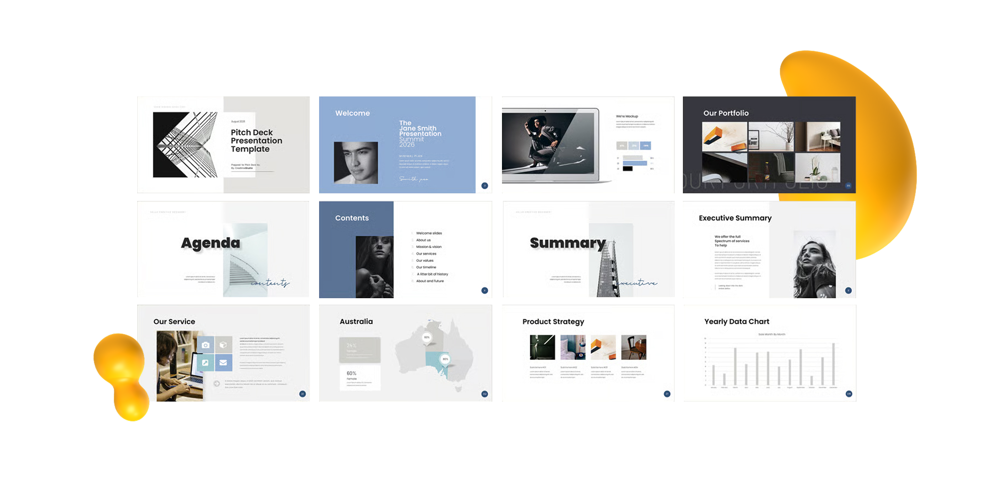 A sleek Google Slides template with monochrome photography, blue highlights, and minimalist layouts.
