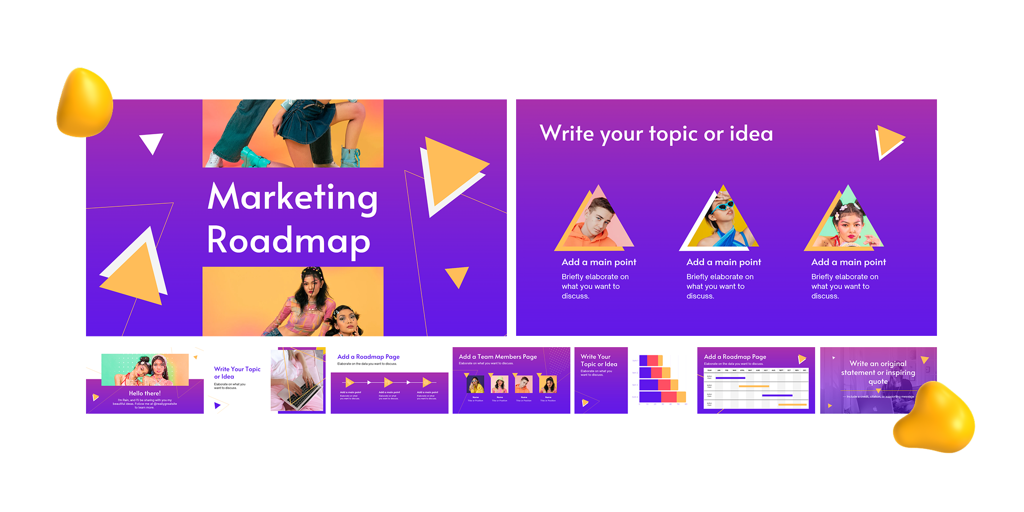 A colorful purple and orange Google Slides template with triangle shapes, bold layouts, and sections for team introductions, roadmaps, and marketing strategies.