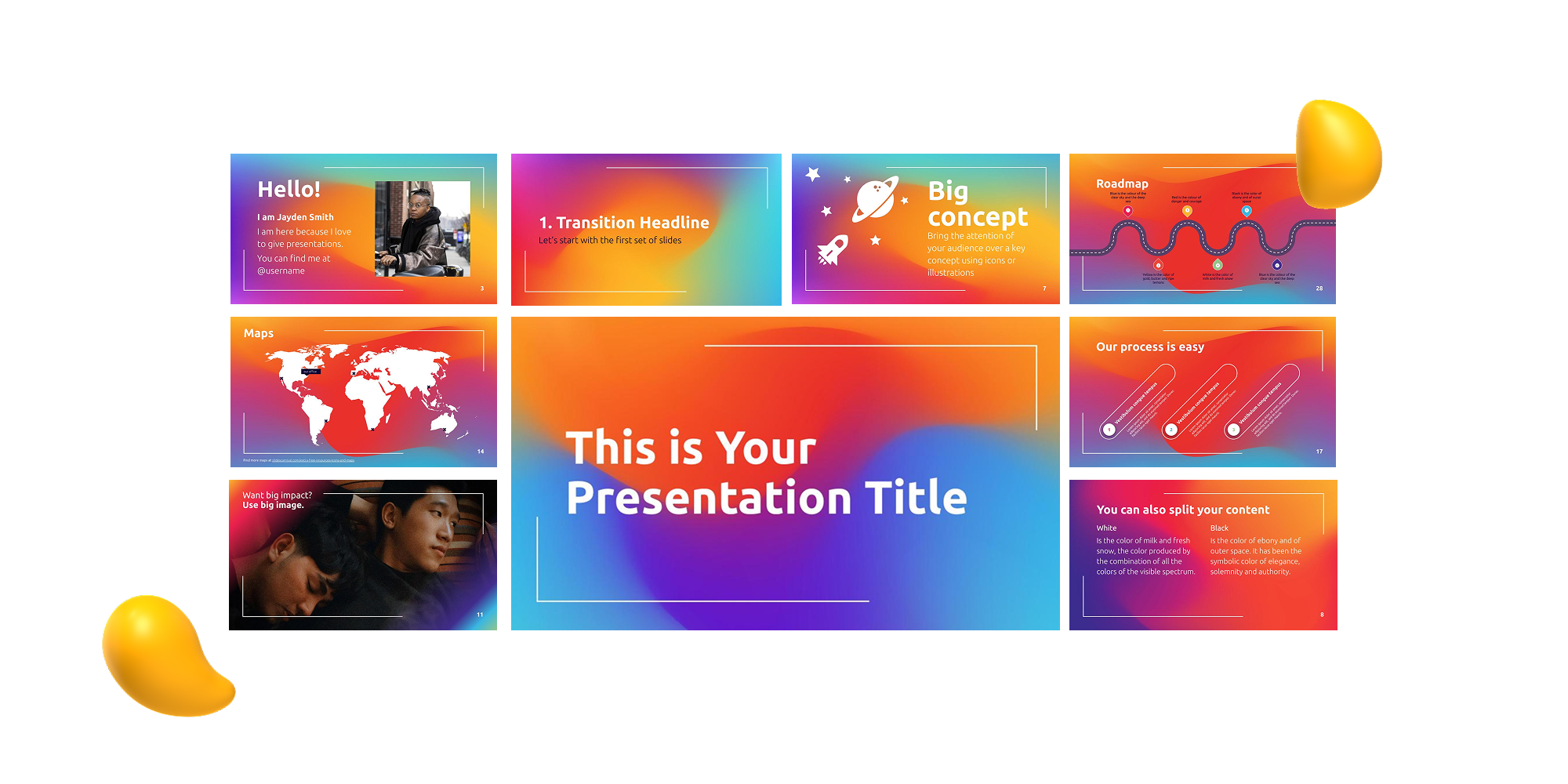 A vibrant Google Slides template featuring orange, pink, and purple gradient backgrounds with bold typography and infographic elements.