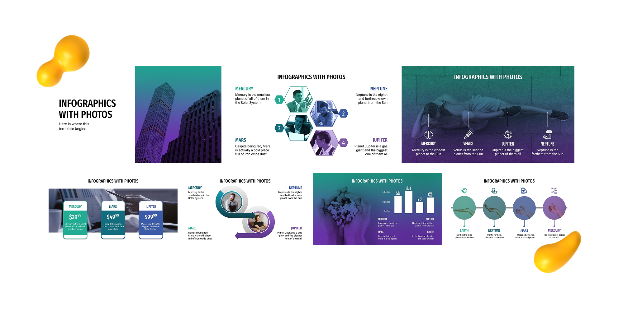 A visually engaging Google Slides template that combines real photography with infographic elements in blue, green, and purple tones.