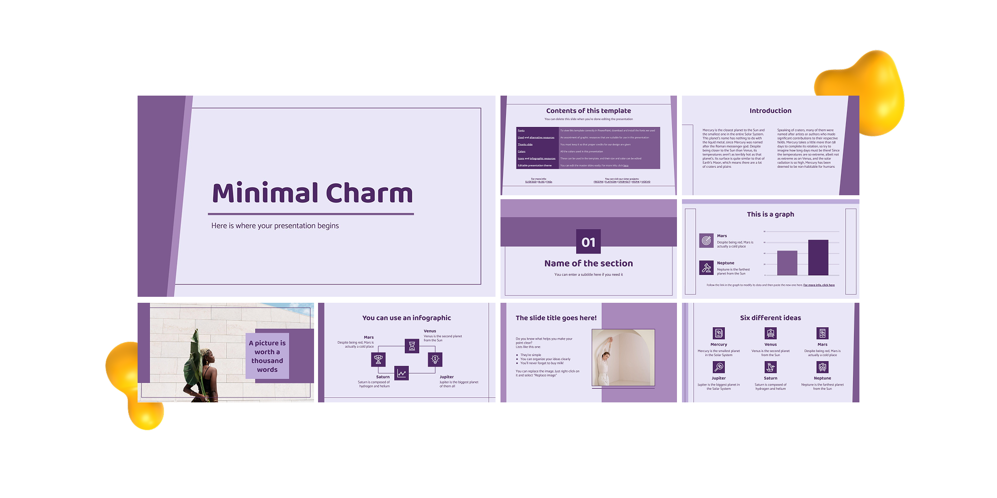 A purple-themed minimalist Google Slides template featuring simple section dividers, clean charts, and content blocks with modern geometric styling.