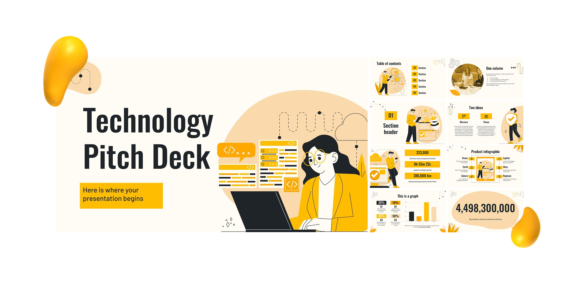 A yellow and white Google Slides template with flat design illustrations of people and computers, charts, and business-focused layouts
