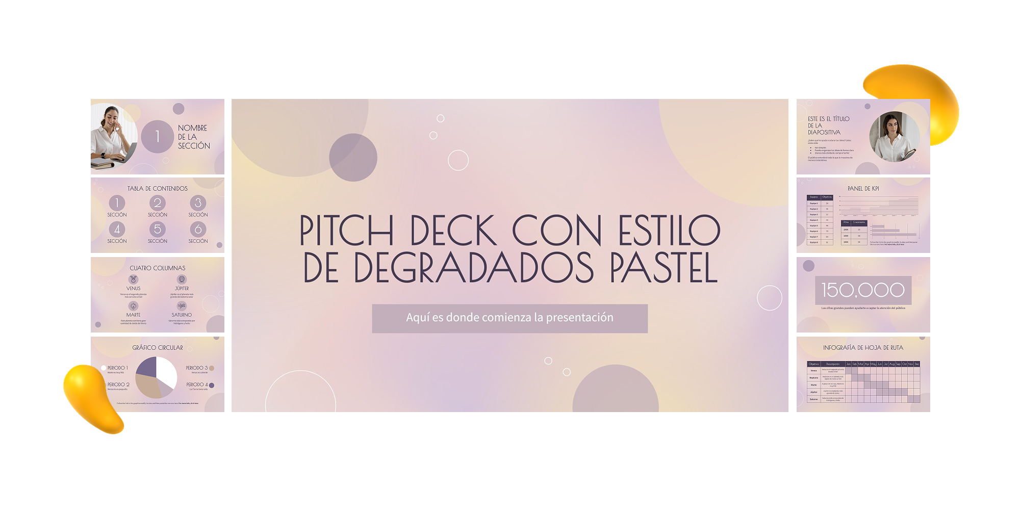 A soft, pastel-toned Google Slides template with gradient backgrounds, circular graphics, and elegant fonts