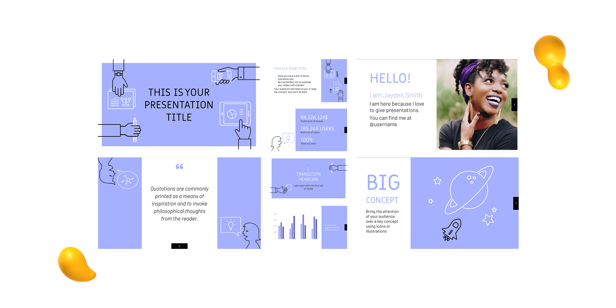 A fun and modern Google Slides template with light blue and white backgrounds, outlined illustrations of hands and icons, and playful typography