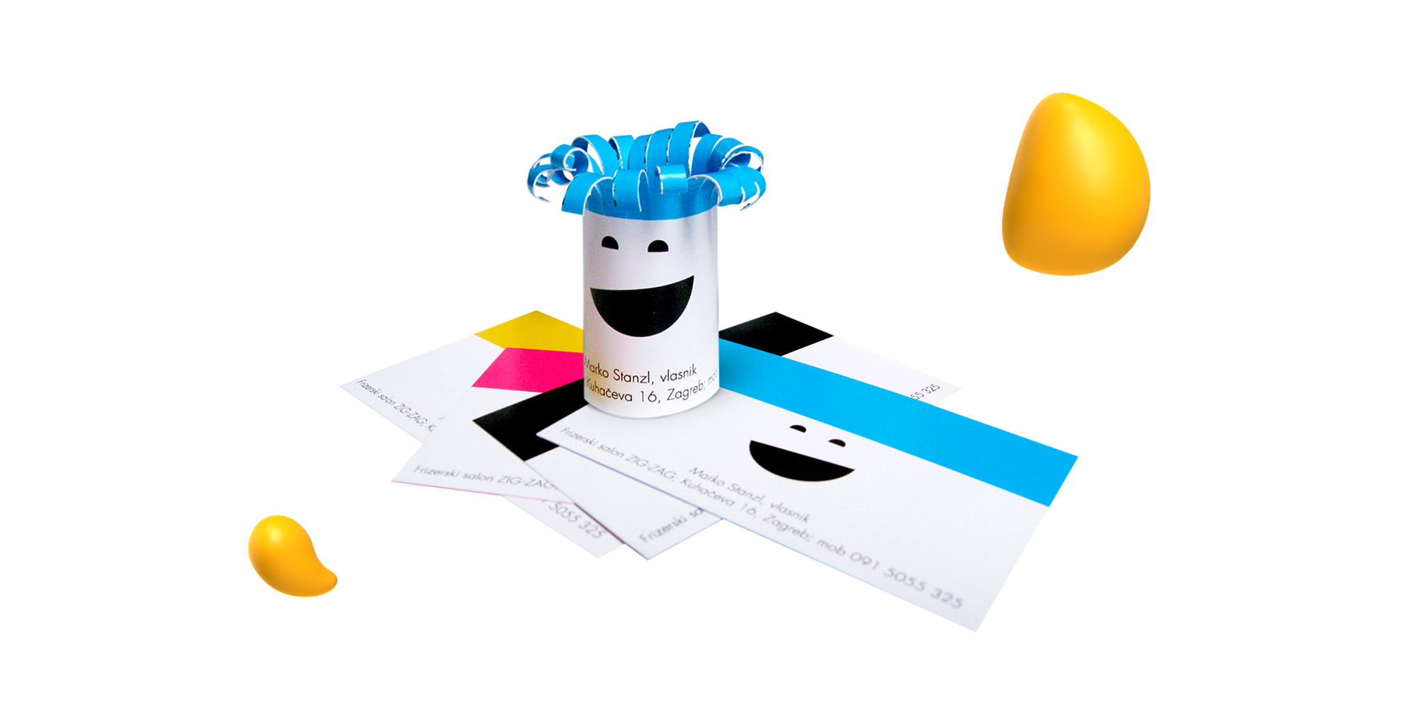 Fun, colorful business cards featuring a smiling face and pop-up 3D design.