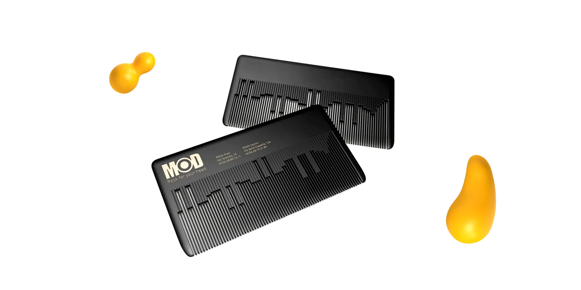Modern black metal business cards with embossed lines and gold typography.