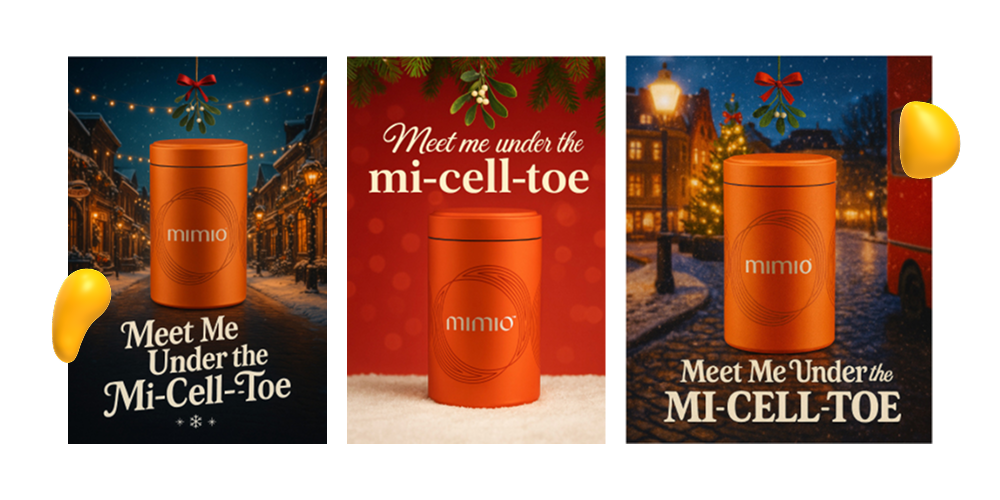 Holiday skincare product packaging by Mimio with festive winter street background and the slogan ‘Meet Me Under the Mi-Cell-Toe