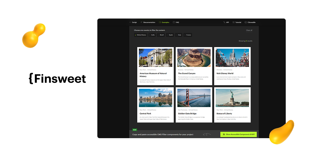 Finsweet CMS filtering interface displaying a grid of location-based cards with images, titles, and descriptions