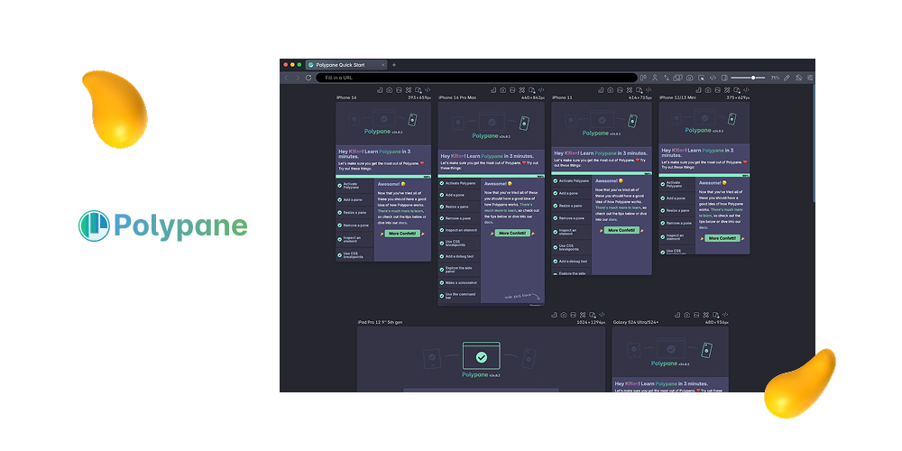 Polypane browser displaying the same webpage previewed across multiple device sizes side by side.