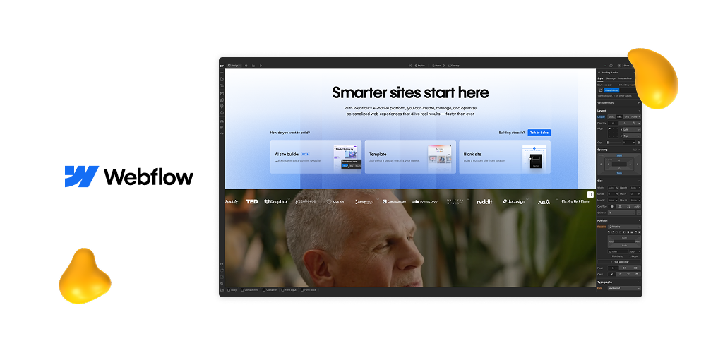 Webflow editor displaying a website hero section titled ‘Smarter sites start here,’ with visual layout tools and styling panels visible