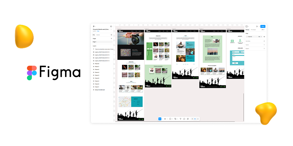 Figma interface showing multiple website page designs laid out on a canvas, with layers panel on the left and design tools on the right