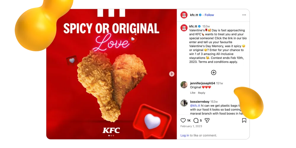 KFC Valentine’s Day Instagram post featuring heart-shaped fried chicken and “Spicy or Original Love” headline