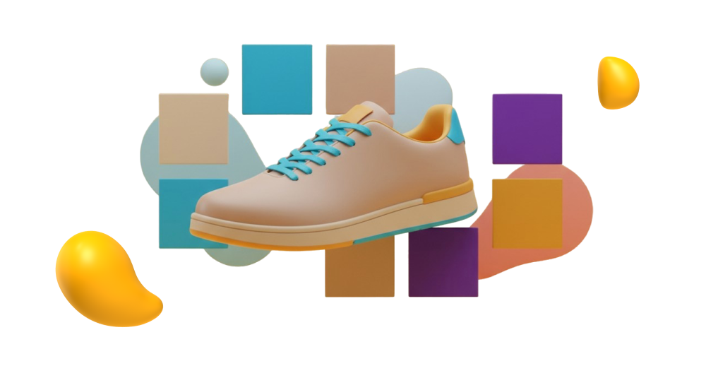 A 3D sneaker illustration in nude beige with bright neon accents, framed by bold geometric shapes and contrasting color blocks on a dark background.