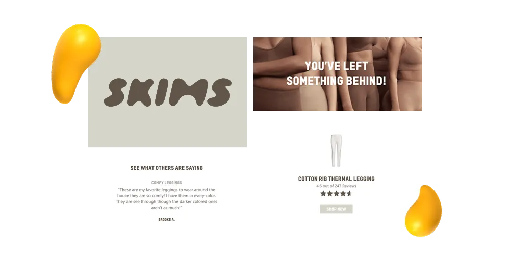 SKIMS abandoned cart email featuring product reminder, customer reviews, and shop now CTA