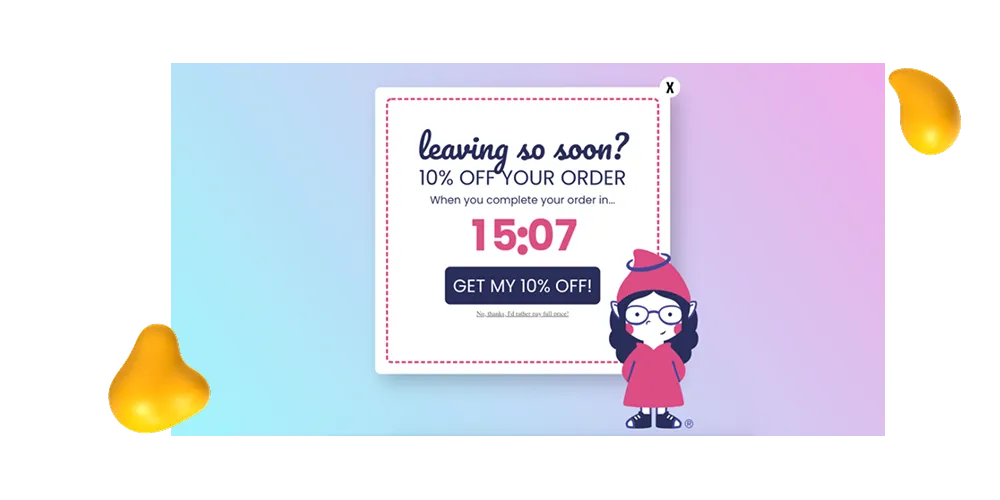 Exit-intent popup offering 10% off with countdown timer and call-to-action button