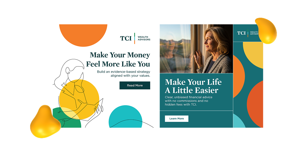 Wealth management digital ad design with modern typography, abstract illustration, and lifestyle photography