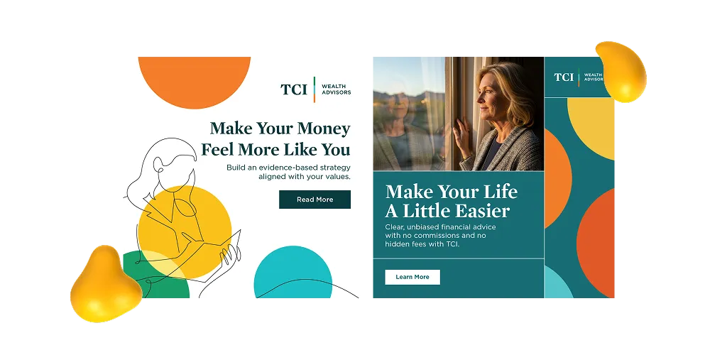 Wealth management digital ad design with modern typography, abstract illustration, and lifestyle photography