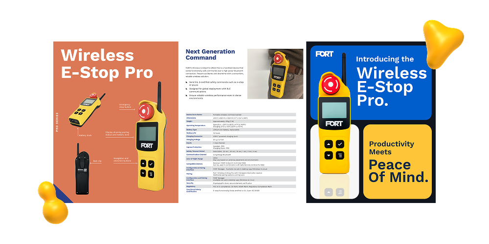 Wireless E-Stop Pro product brochure design showcasing industrial safety device features and specifications