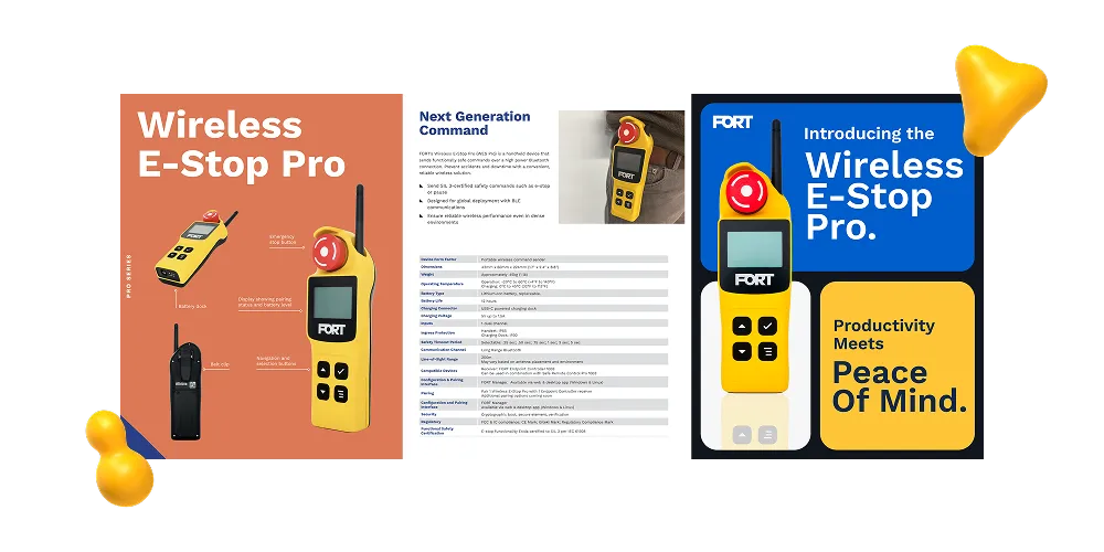 Wireless E-Stop Pro product brochure design showcasing industrial safety device features and specifications