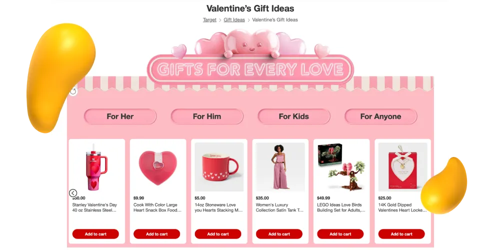 Target Valentine’s Day gift guide page showing “Gifts for Every Love” with categories for her, him, kids, and anyone
