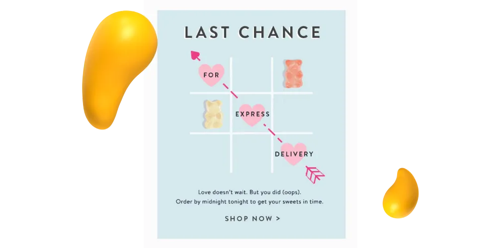 Last-chance Valentine’s Day express delivery ad with heart-themed tic-tac-toe design