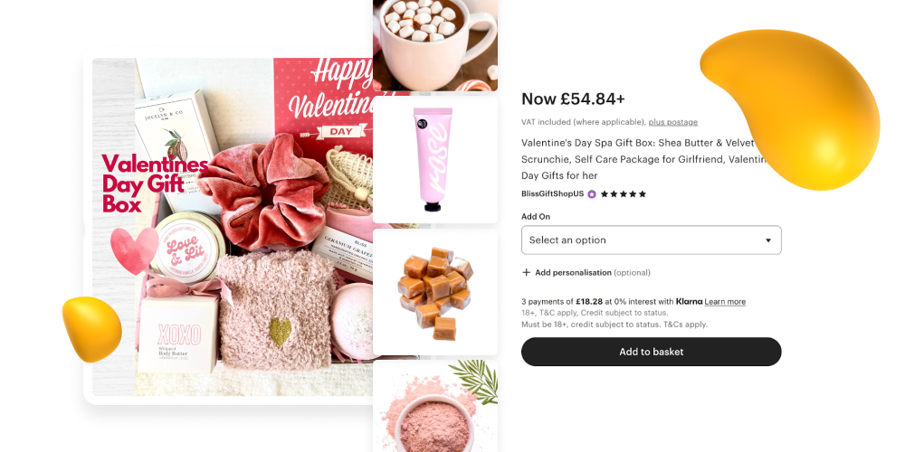 Valentine’s Day spa gift box product page featuring self-care items like scrunchies, skincare, and treats