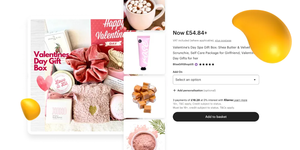Valentine’s Day spa gift box product page featuring self-care items like scrunchies, skincare, and treats