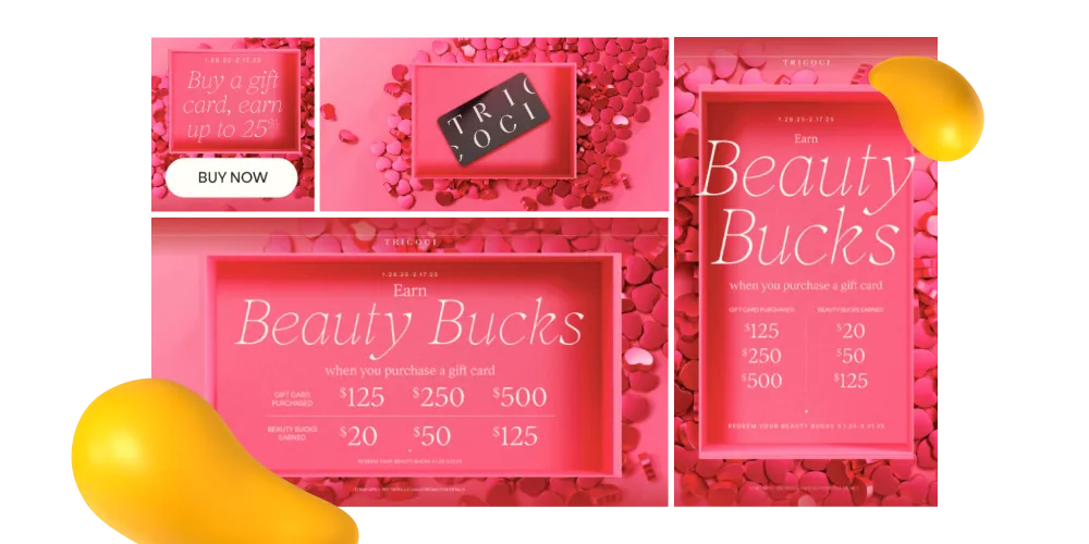 Valentine’s Day gift card promotion visuals highlighting Beauty Bucks rewards and pink festive design