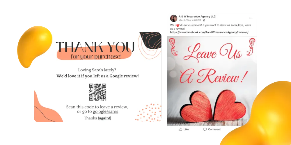 Valentine’s Day review request designs with hearts, thank-you cards, and QR codes for customer feedback