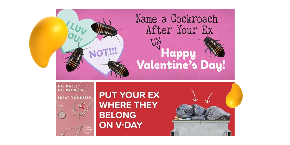 Valentine’s Day anti-romance campaign graphic with cockroaches and “Name a Cockroach After Your Ex” message