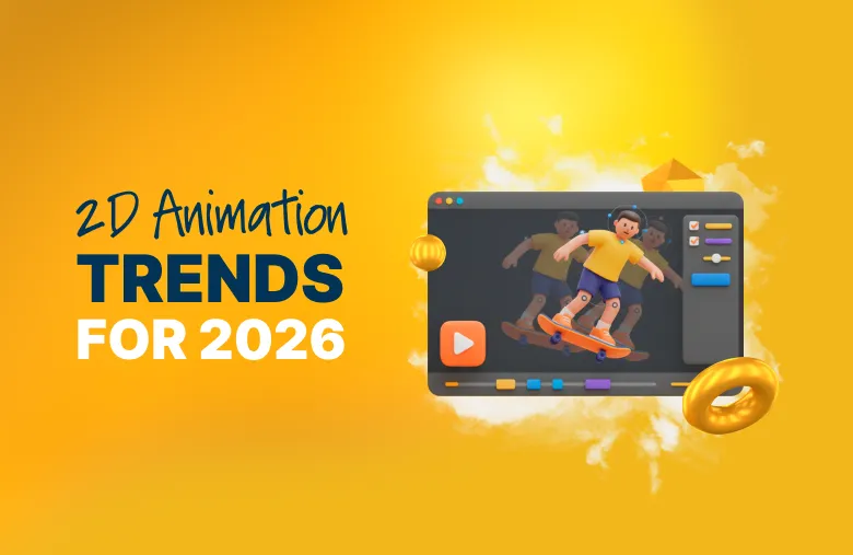 2D animation trends for 2026 featuring a modern motion design interface with a character animation preview, bright yellow background, and creative digital animation elements
