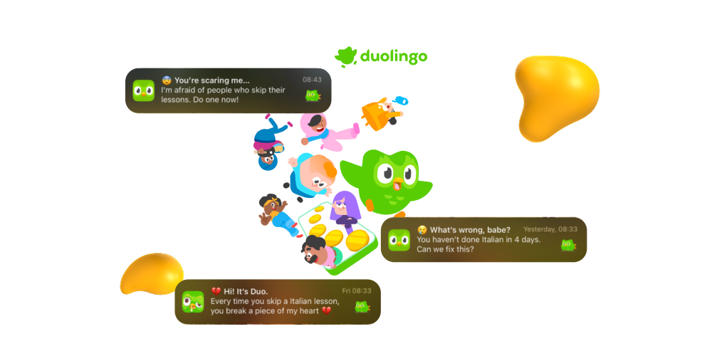Duolingo brand visuals highlighting playful characters, humorous messaging, and expressive voice