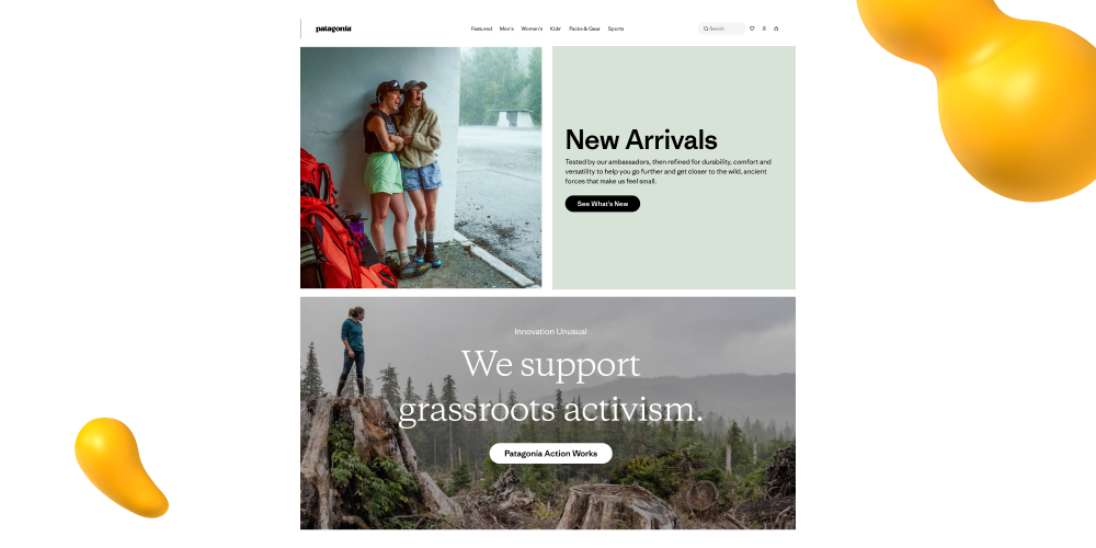 Patagonia website imagery emphasizing authenticity, outdoor lifestyle, and environmental values