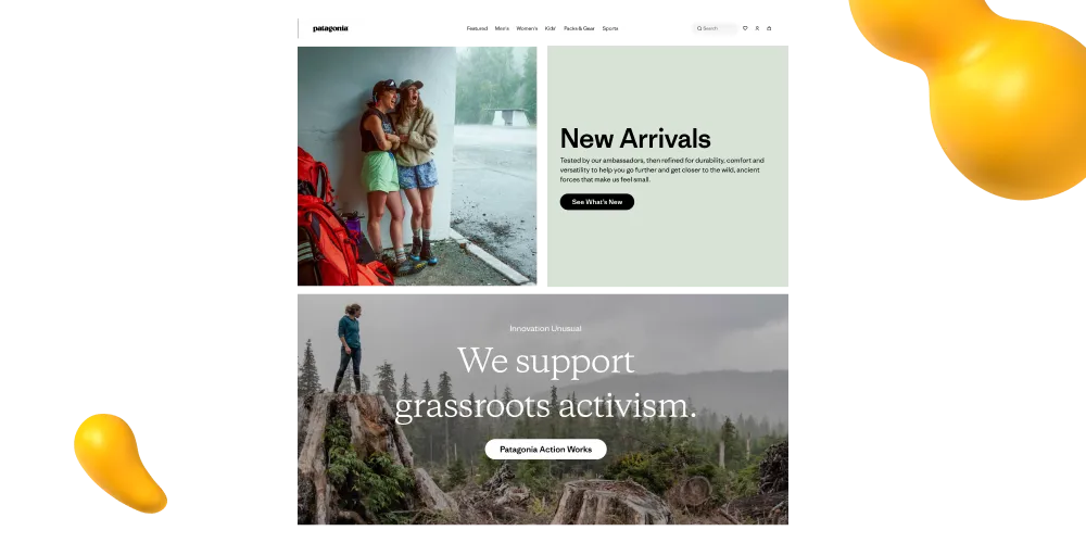 Patagonia website imagery emphasizing authenticity, outdoor lifestyle, and environmental values