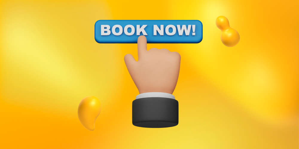 A finger clicking a "Book Now" button. Making your CTA buttons unmissable helps increase hotel bookings.