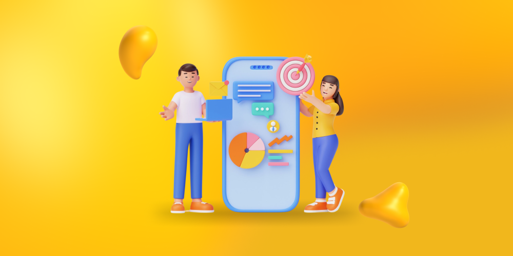 A man and a woman standing next to a giant smartphone with marketing elements on-screen. Here is how to build a social media strategy for your fashion brand.