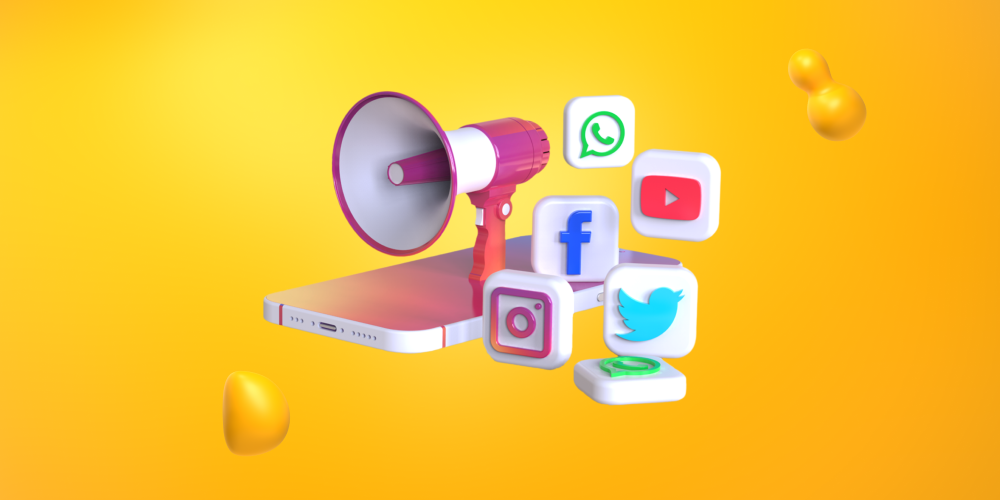 A smartphone, megaphone, and logos for Facebook, Twitter, Instagram, YouTube, and What's App. Great platforms for fashion marketing.