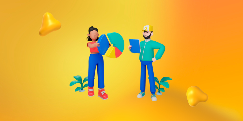 A man and a woman fixing a floating pie chart. Brand agility is what keeps your brand relevant.