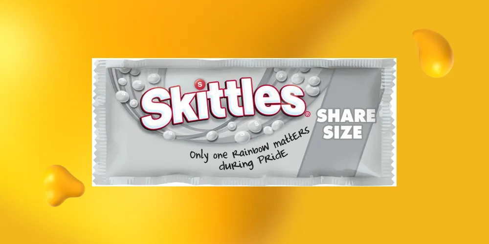 Black and white packaging for Skittle's "Only One Rainbow Matters" campaign.