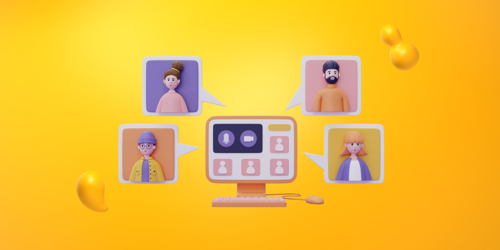 A computer screen with popouts of 4 team members having a video call.