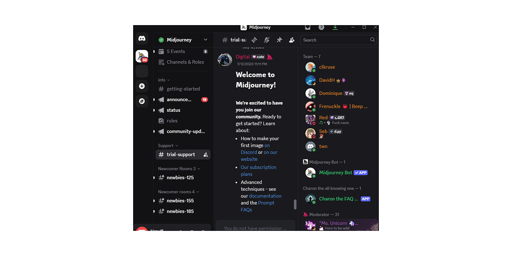 Screenshot of Midjourney support channel