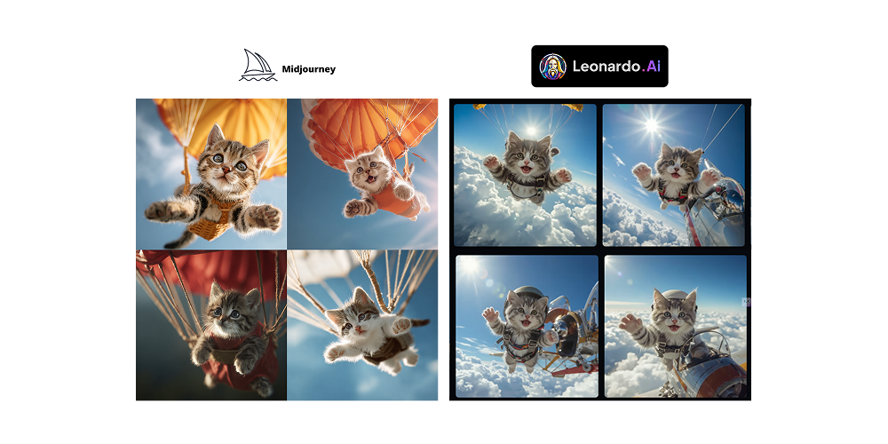 Side-by-side of image generated with Leonardo AI and Midjourney, using the prompt, "happy kitten parachuting from a plane."