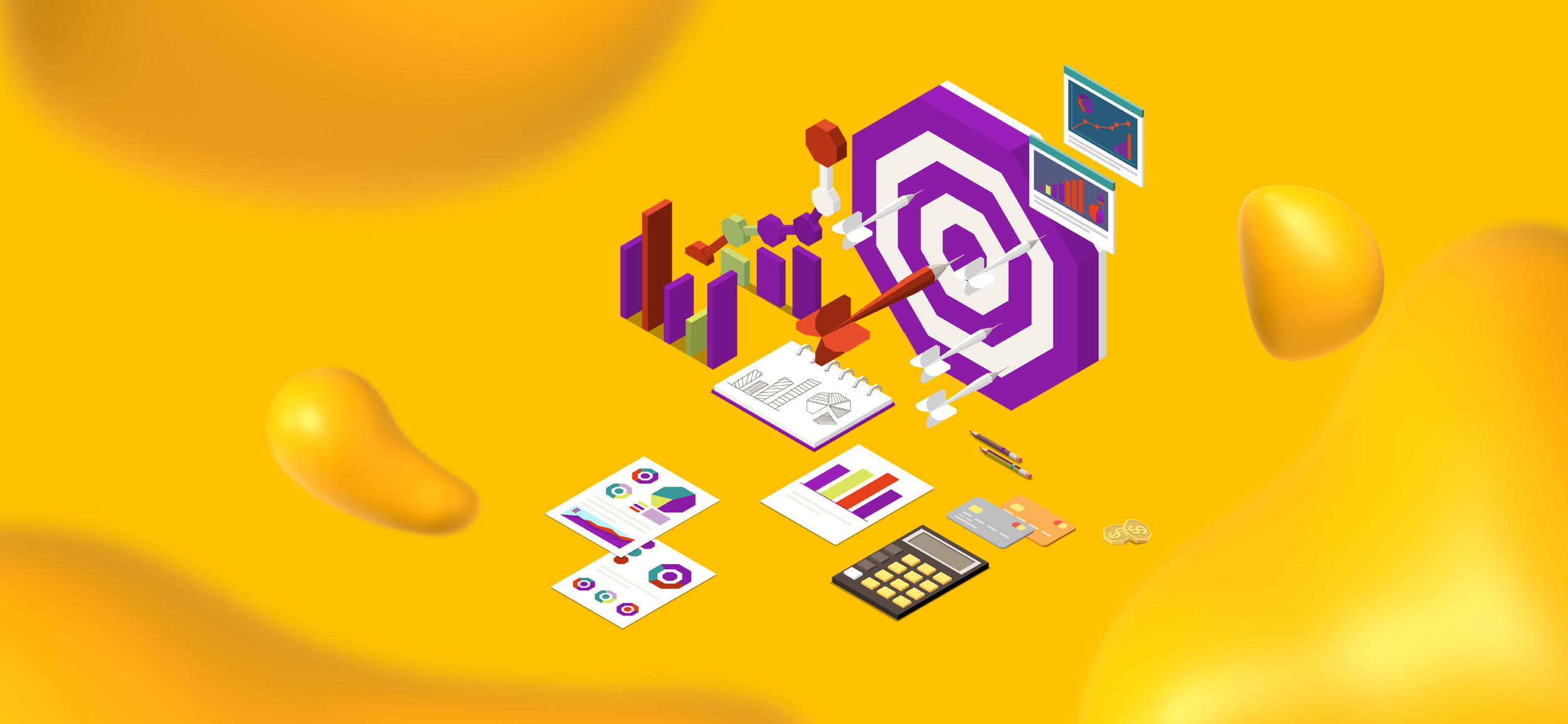 Elements of marketing, like a dartboard, charts, and graphs. Define your content marketing goals before you build a content plan.