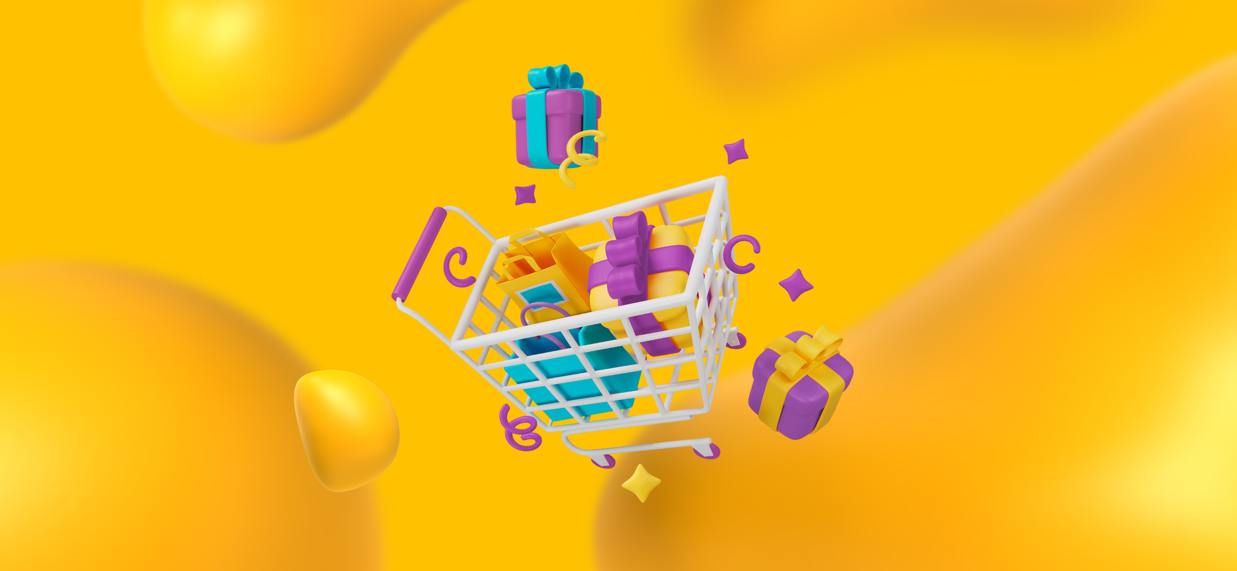 A 3D shopping cart filled with gifts, for "in-store deals for online followers," a local advertising strategy.