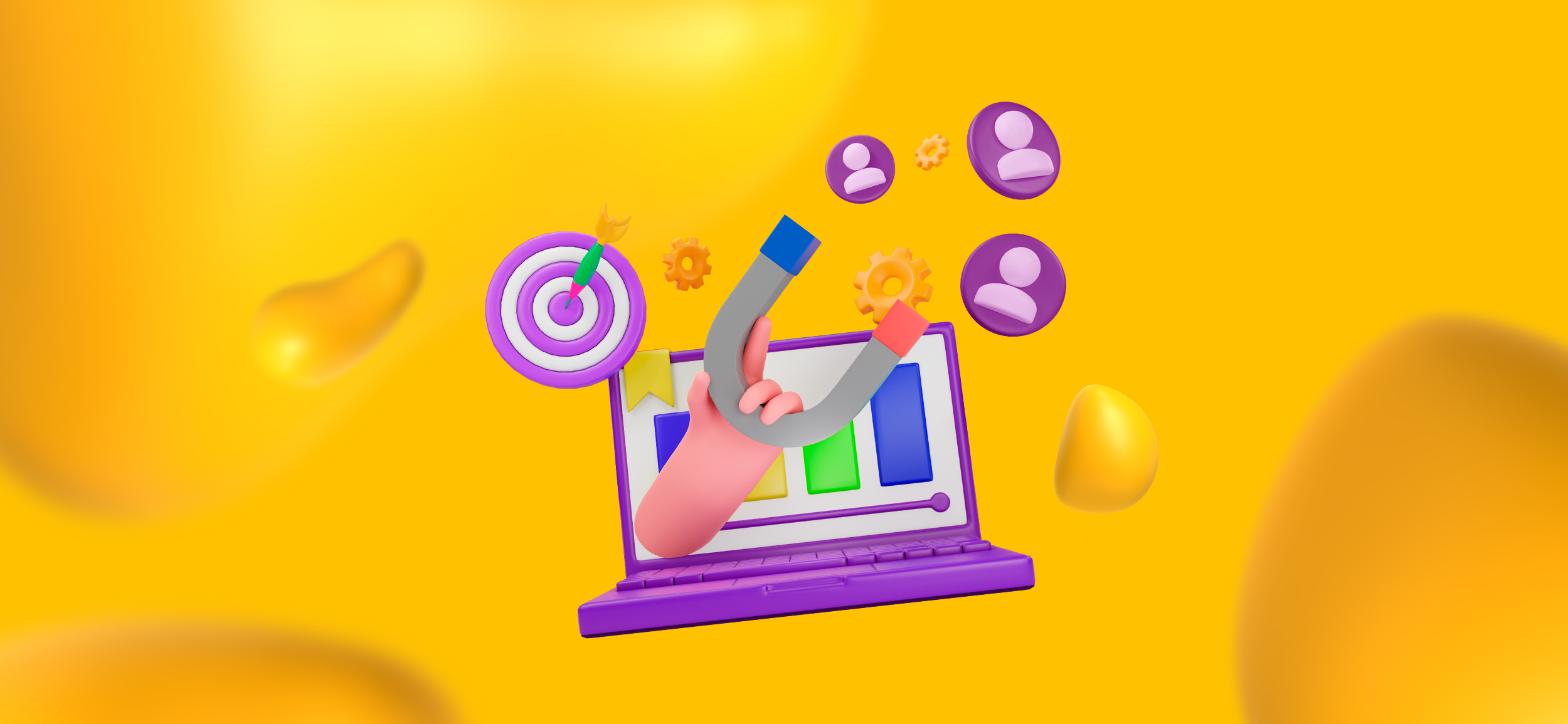 A 3D laptop with a magnet and social media icons, for "social media and geotargeting," a local advertising strategy.