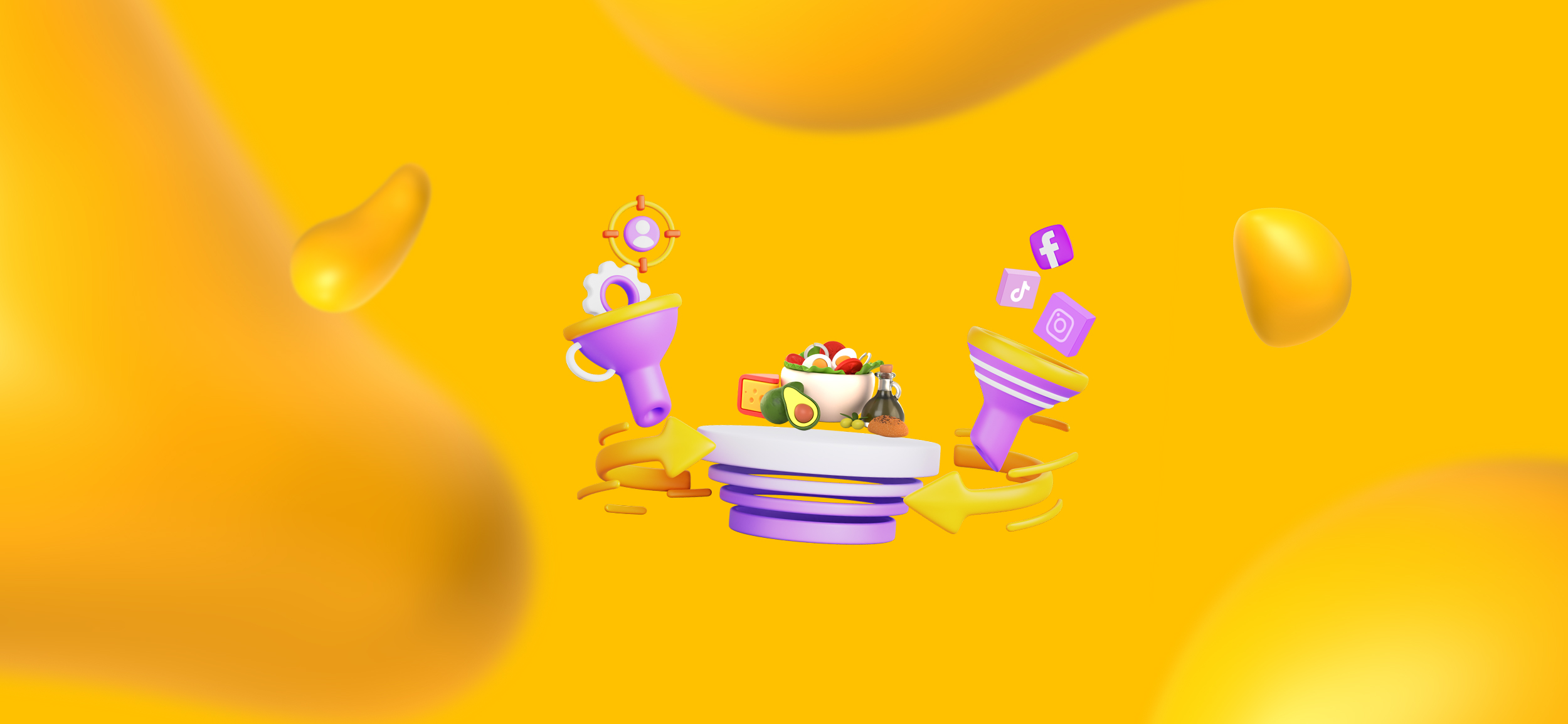 A bowl of salad and some avocado sit on top of a marketing funnel surrounded by social media icons. What are the best marketing channels for restuarants?