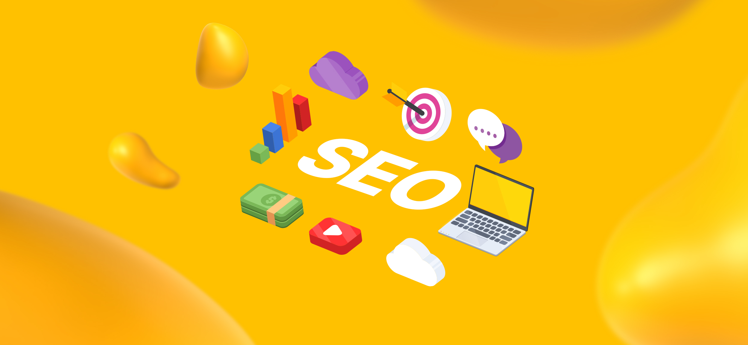 Elements of advanced restaurant marketing, like SEO, a laptop, graphs, stacks of money, and a bullseye.