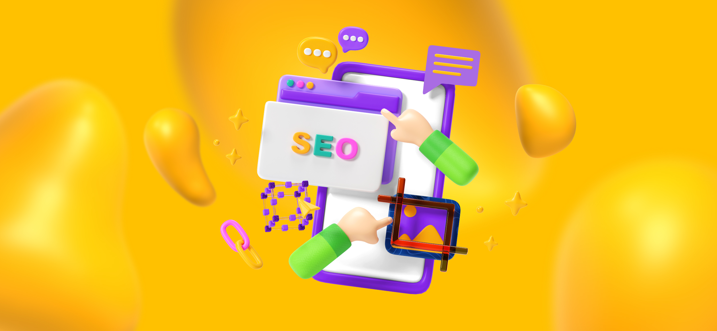 Elements of SEO, including graphics, websites, and social media icons.