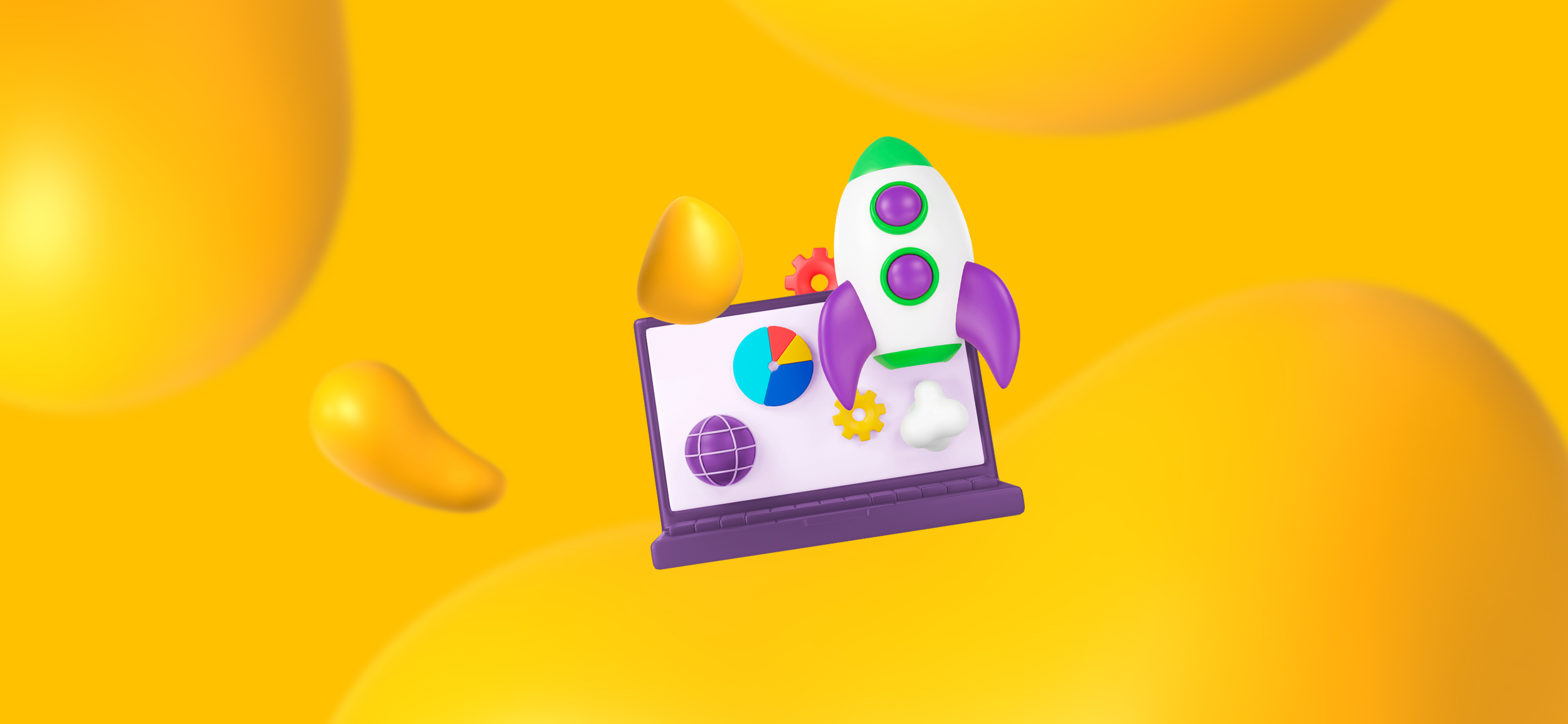 A rocket blasting off in front of a laptop screen, for the best marketing tools and channels for manufacturing brands.